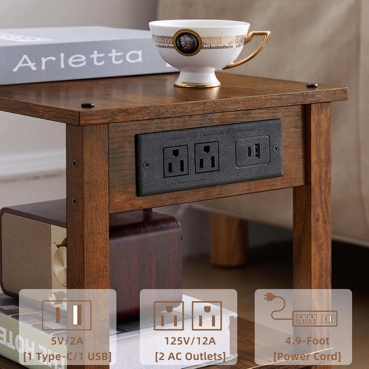 Lerliuo Under Desk Printer Stand with Charging Station, 2 Tier Wooden Small Printer Table with