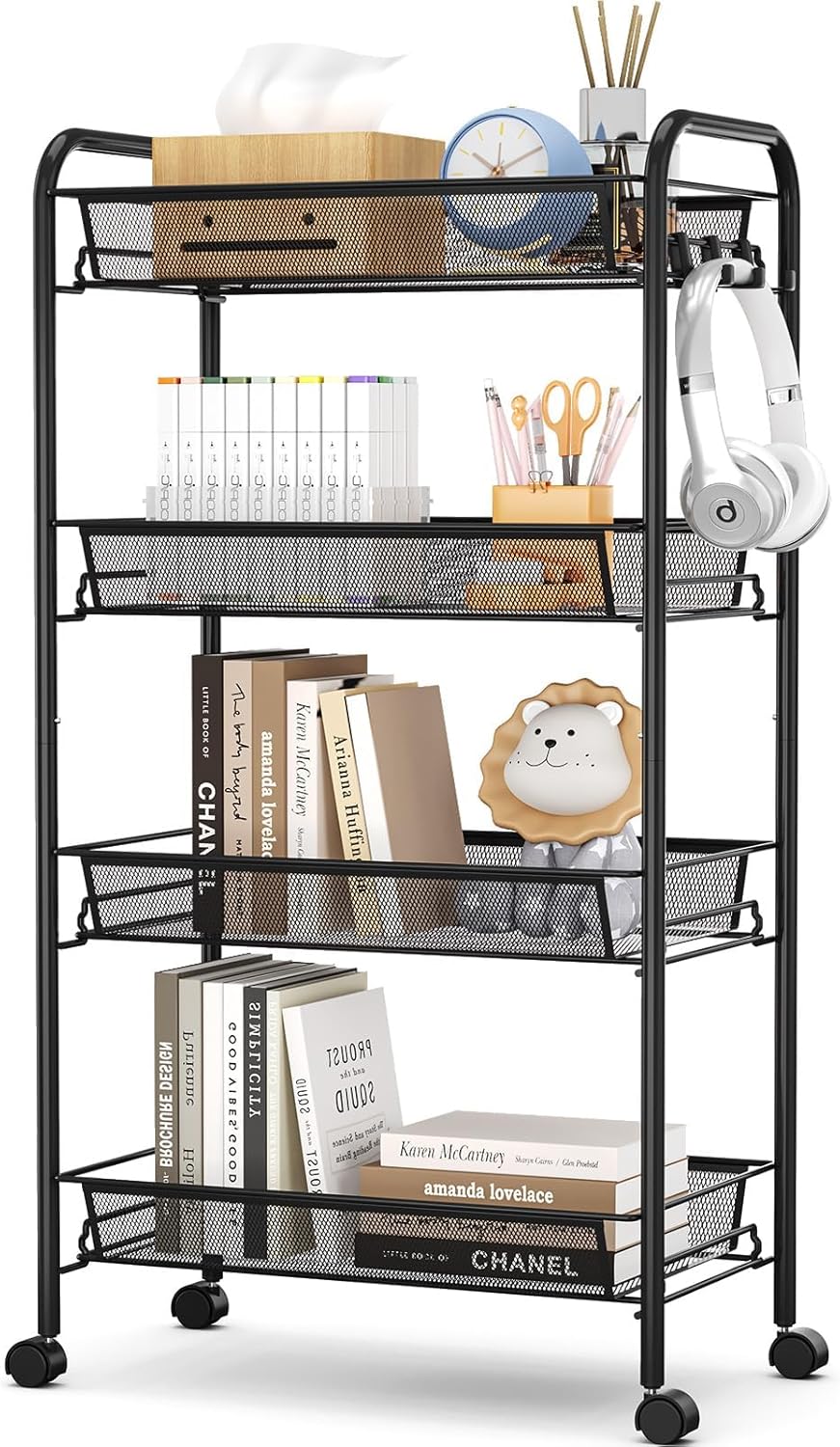 TOOLF 4-Tier Rolling Cart, Metal Utility Cart with 3 Hooks, Easy Assemble Mobile Storage Trolley On