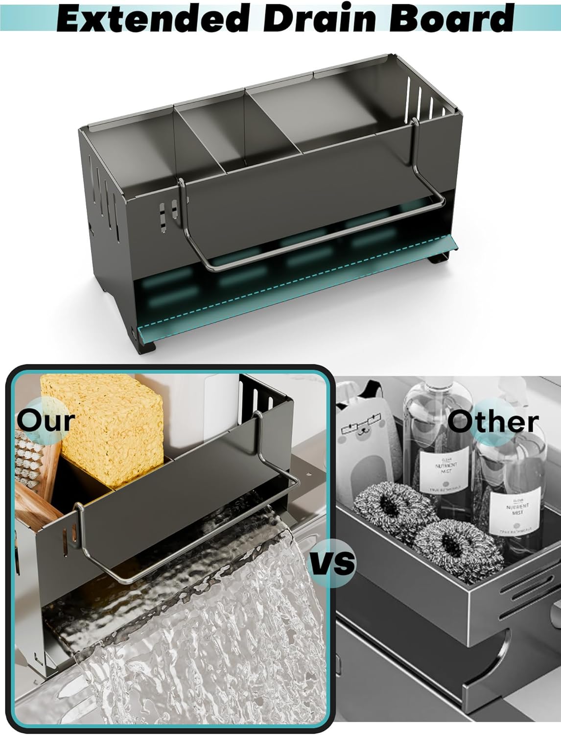 Sponge Holder for Kitchen Sink, Space-Saving Sink Caddy with Brush Holder, Kitchen Countertop