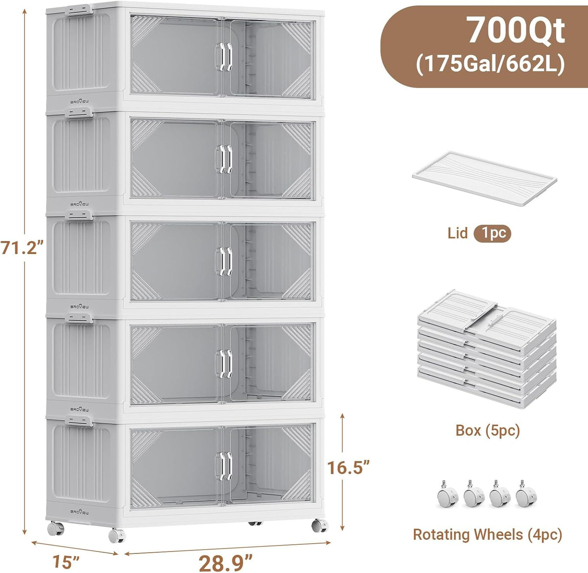 175Gal Plastic Stackable Storage Bins with Lid, 700QT Extra Large Closet Organizers Collapsible