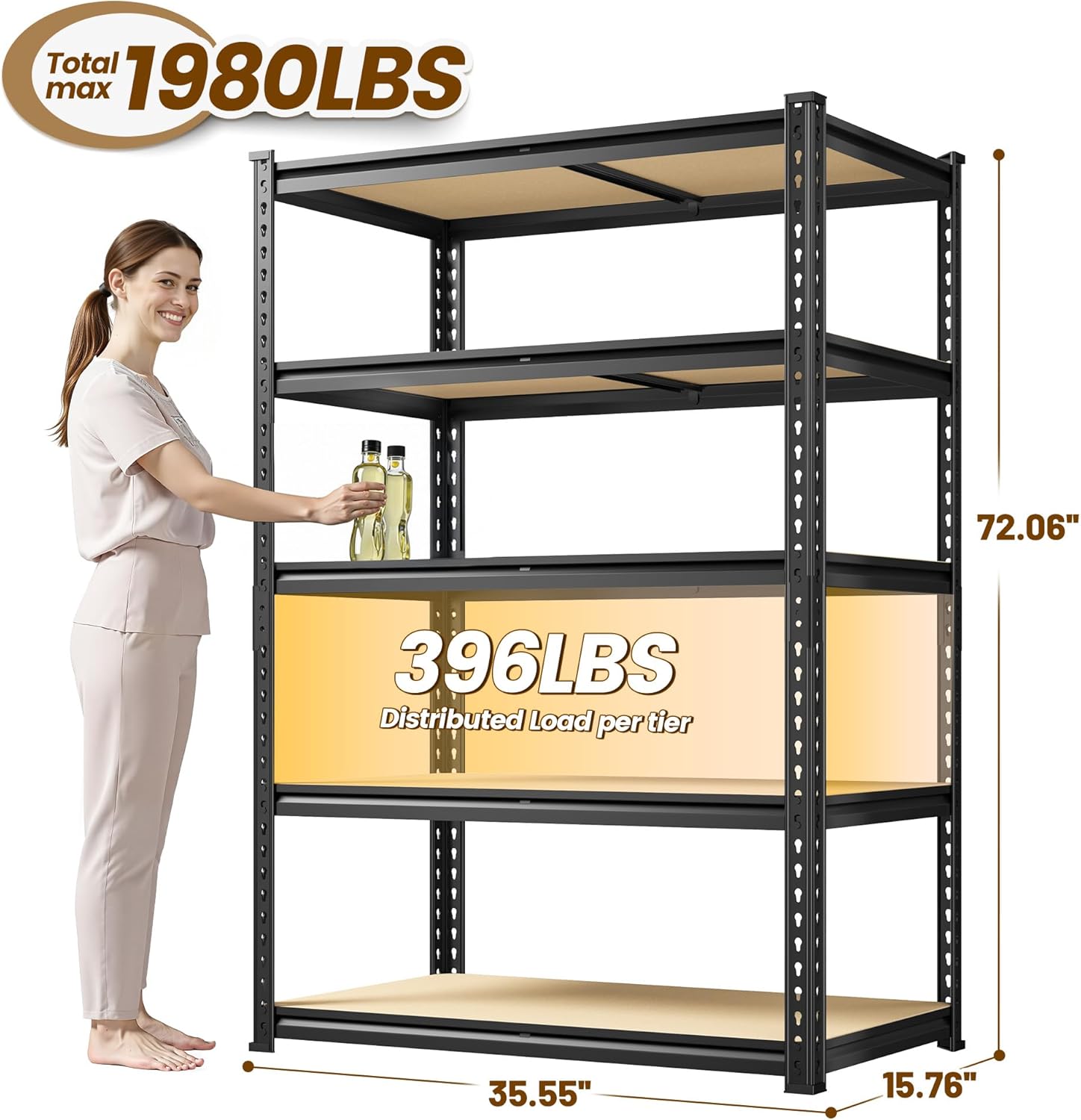 5-Tier Storage Shelves, 1980LBS Adjustable Pantry Shelves, Metal Shelving Unit for Kitchen, Pantry