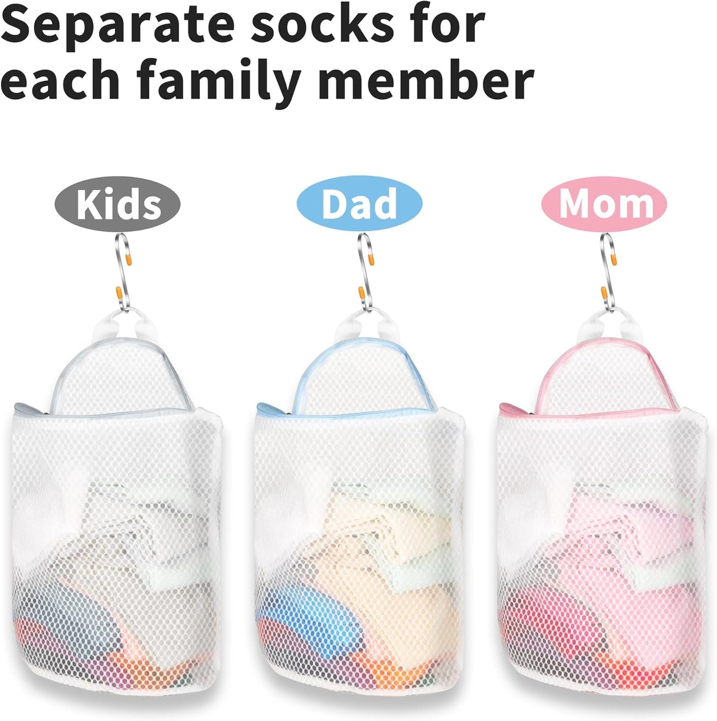 3Pcs Hanging Laundry Bags for Socks with S Hooks, 12 X 10 inch 3 Color Mesh Laundry Bags for
