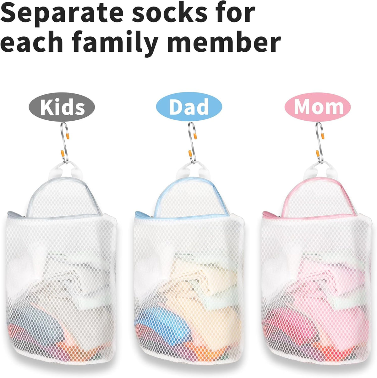 3Pcs Hanging Laundry Bags for Socks with S Hooks, 12 X 10 inch 3 Color Mesh Laundry Bags for