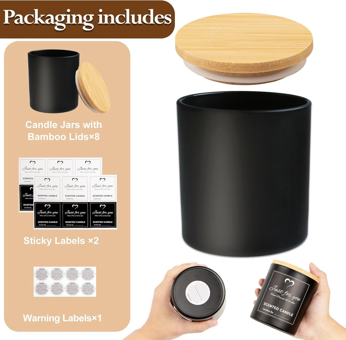 CONNOO 8 Pack 14 OZ Empty Black Glass Candle Jars for Making Candles with Bamboo Lids and Sticky