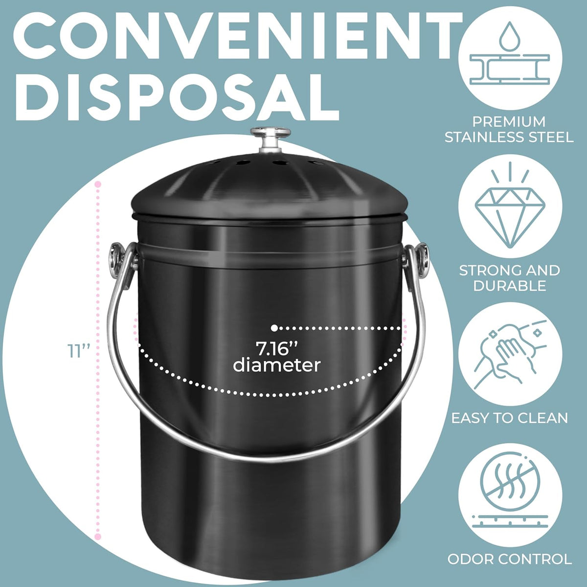 EPICA Countertop Compost Bin Kitchen | 1.3 Gallon | Odorless Composting Bin with Carbon Filters |