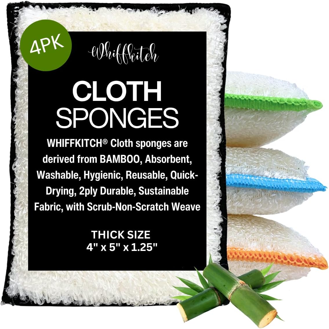 Whiffkitch Bamboo Fiber Kitchen Sponges – Washable Multicolor Non Scratch Dish Sponge Set for Sink