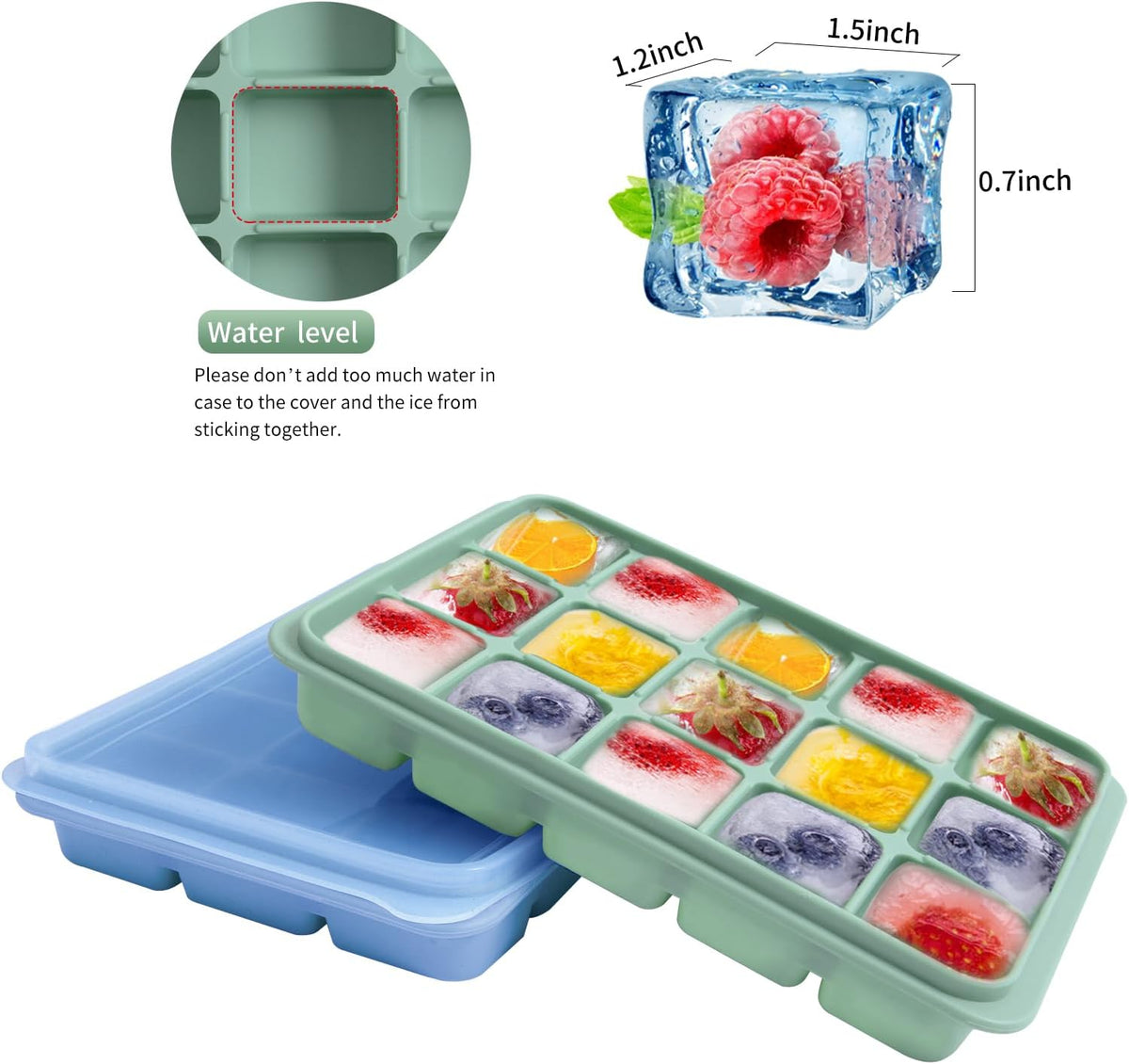 Ice Cube Trays Set of 2, Easy Release 15 Flexible Silicone Ice Cube Molds with Removable Lid