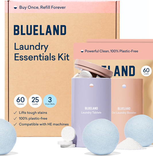 BLUELAND Laundry Essentials Kit, Fragrance Free & Clear - Plastic-Free Laundry Detergent Tablets
