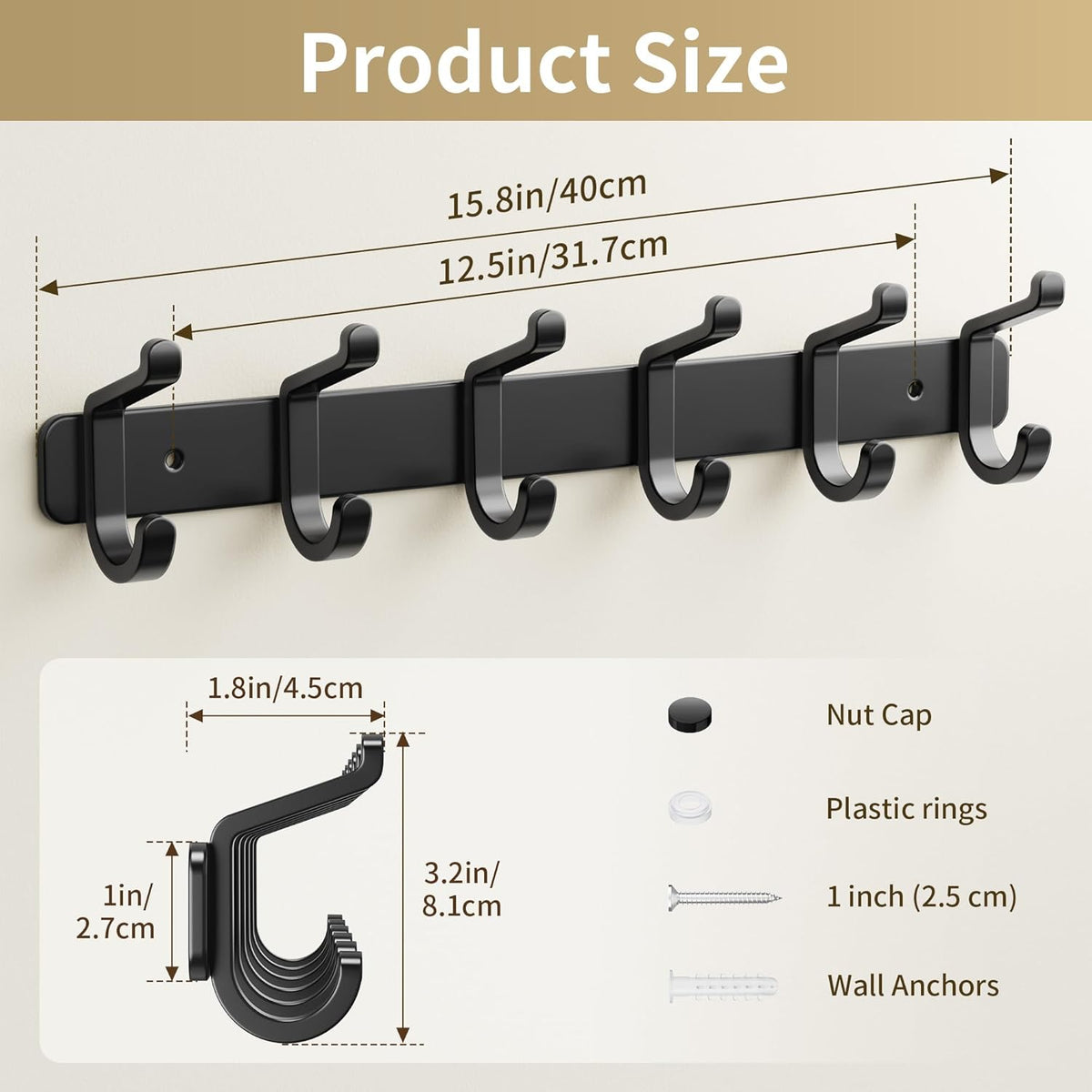 Coat Rack Wall Mounted Heavy-Duty: Metal Coat Hanger 6 Hooks for Hanging Hat, Clothes, Robe, Keys