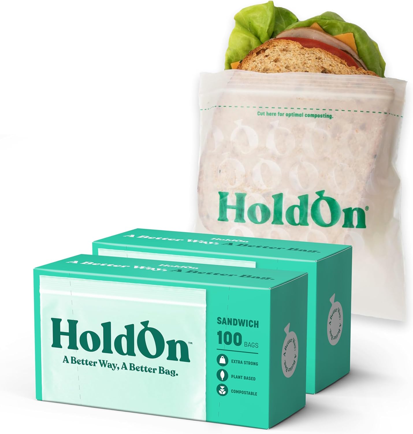 HoldOn Zipseal Sandwich Bags – Compostable, PFOA-Free, BPA-Free, Food-Safe Zip Seal Food Storage