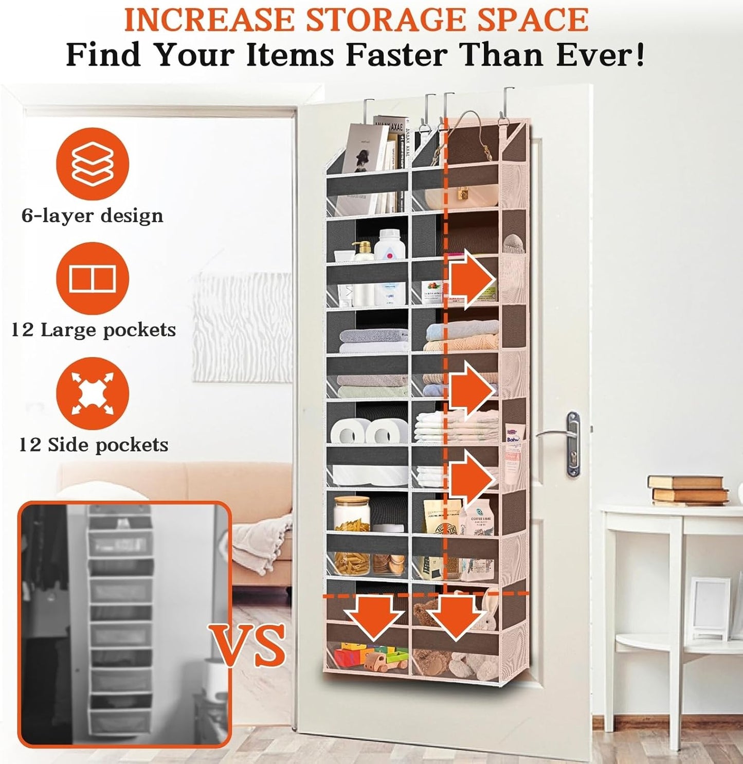 Over the Door Organizer 6 Tiers, Extra Large Behind Door Storage of 12 Compartments, 80 lbs Weight