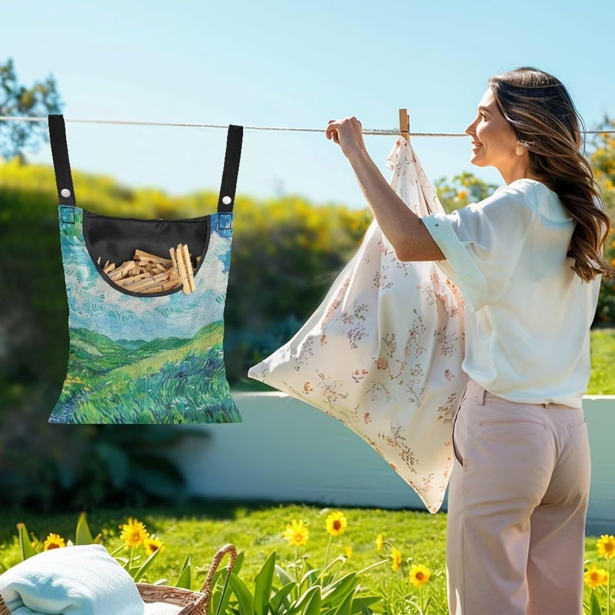 Van Gogh Wheatfield Laundry Clothespin Bags Hanging Storage Organizer 12 x 14.5 Inch Clothes Pin