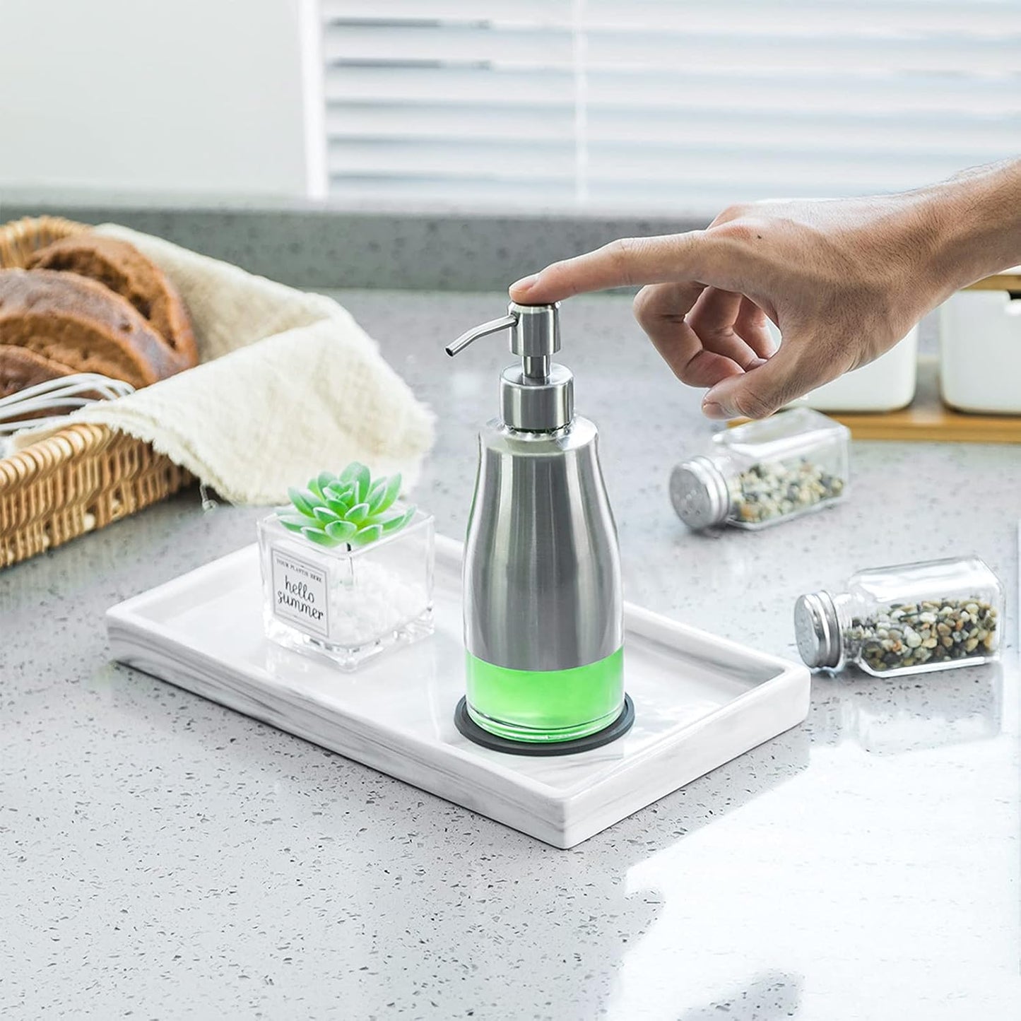 Gaussra 2 Pack Soap Dispenser with Coaster and Stickers, Stainless Steel Case Glass Liner Hand Pump