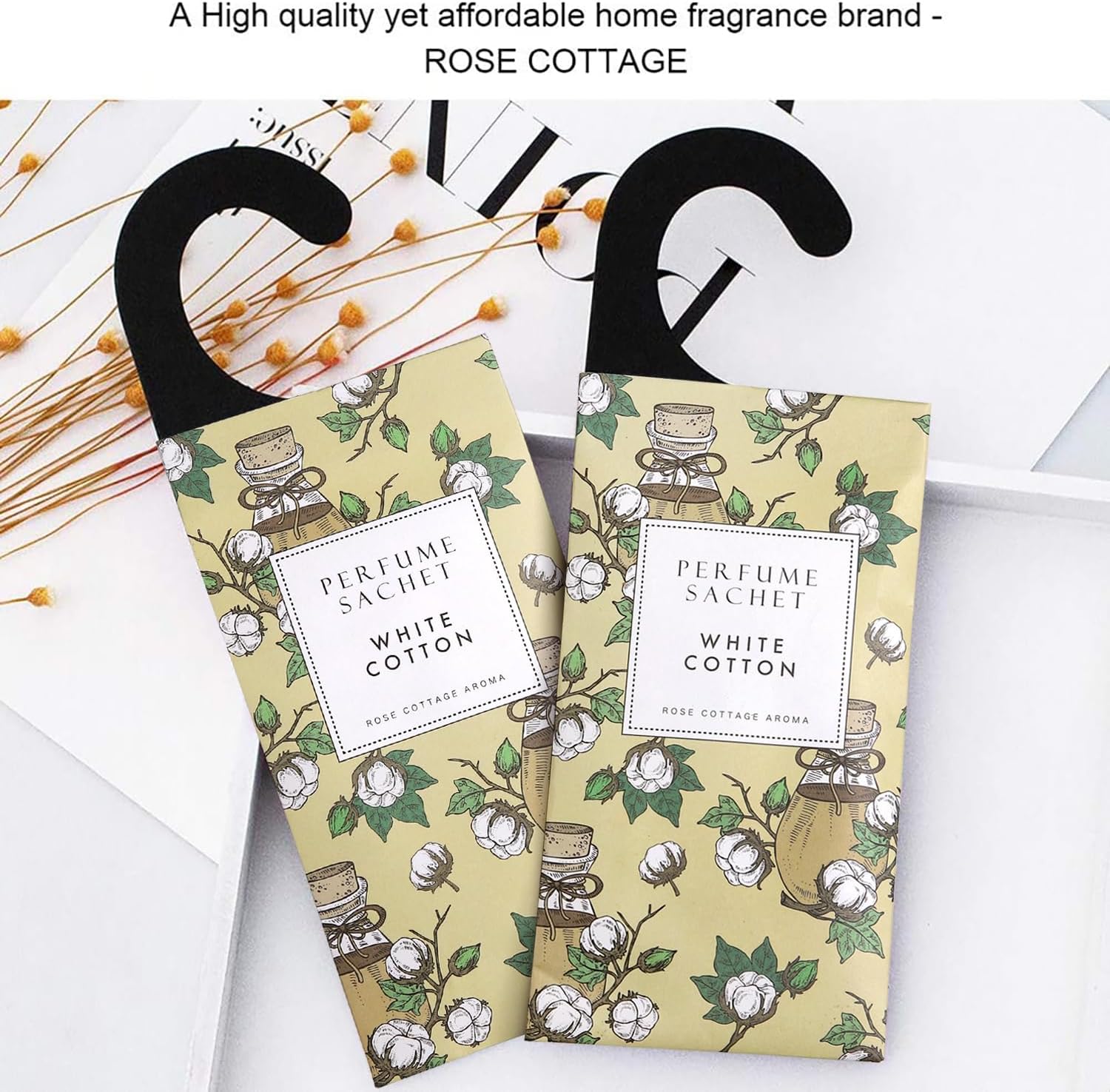 ROSE COTTAGE Large 12 Packs White Cotton Hanging Closet Deodorizer Air Freshener Long Lasting