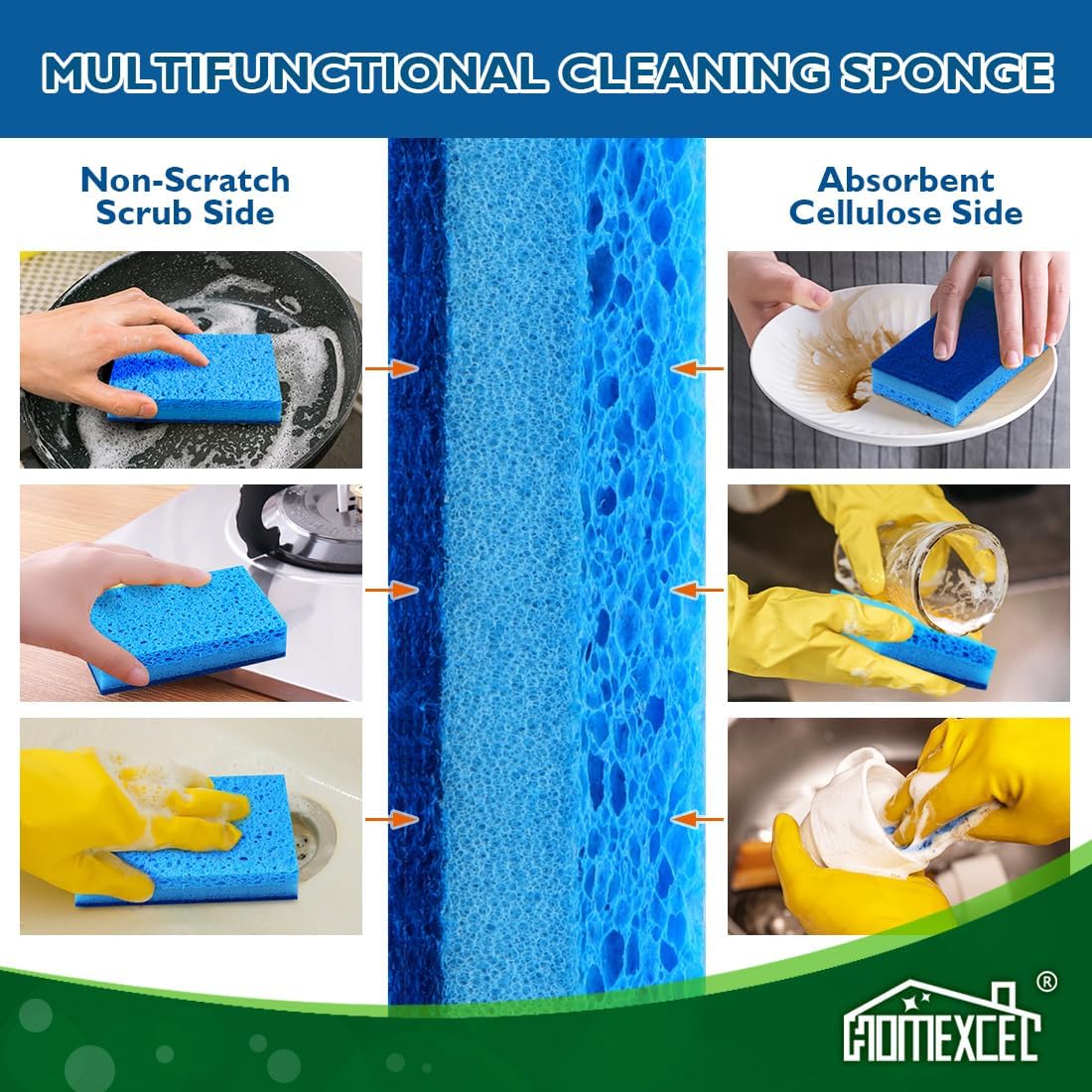 HOMEXCEL Sponges Kitchen 24pcs, Non-Scratch Sponges for Dishes, Scrub Cleaning Sponge Safe on
