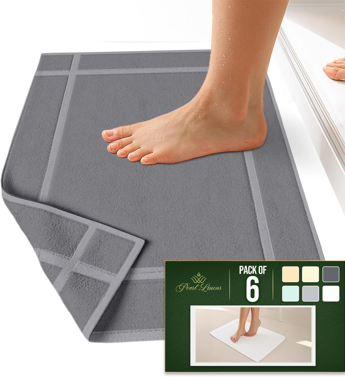Pearl Linens Pack of 6 Washable Cotton Bath Mat 18x25 - Soft & Absorbent Quick Dry Bathroom Mat