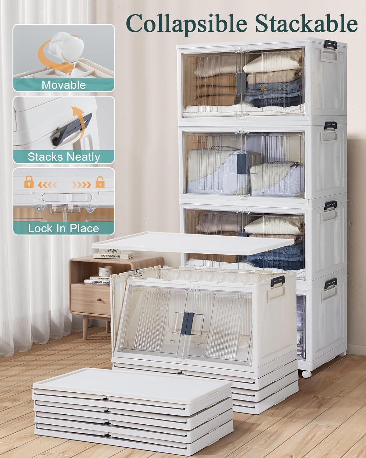 OlarHike 97QT Stackable Storage Bins with Lids - Folding Storage Box with Doors and Wheels