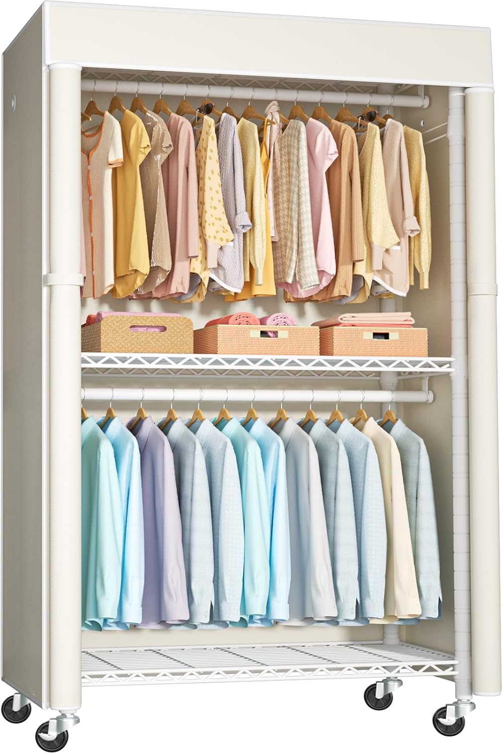 FUTASSI White Clothing Rack with Beige Cover, P1C Rolling Closets with Wheels, Metal Garment Rack
