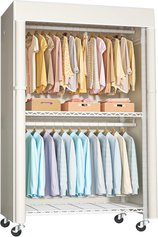 FUTASSI White Clothing Rack with Beige Cover, P1C Rolling Closets with Wheels, Metal Garment Rack