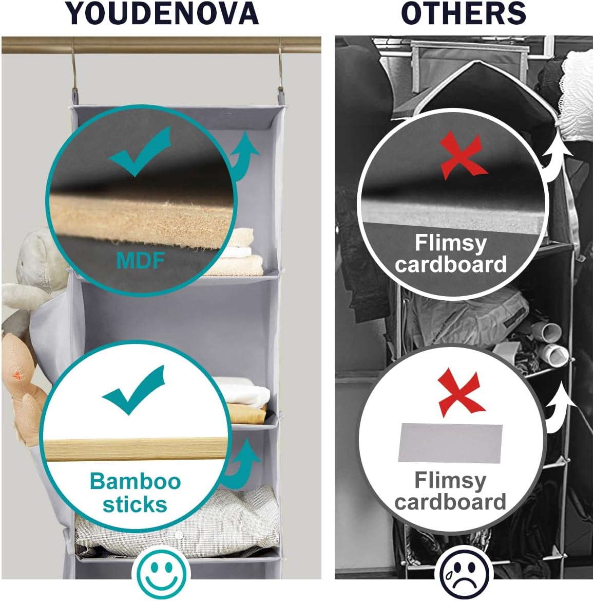 YOUDENOVA Hanging Closet Organizer and Storage, 6-Shelf Closet Hanging Shelves | Sturdy Bamboo