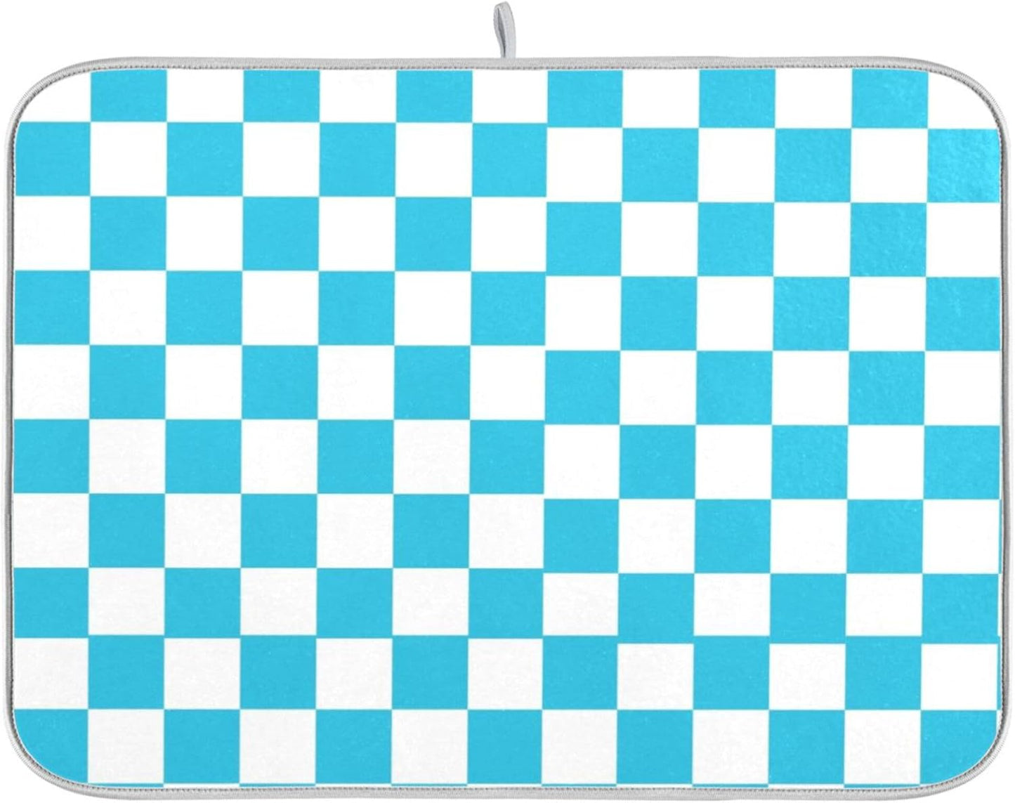 Turquoise Chessboard Dish Drying Mat for Kitchen Countertop 16x18 Teal Plaid Checkered Rectangle