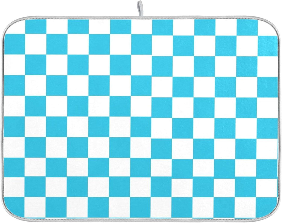 Turquoise Chessboard Dish Drying Mat for Kitchen Countertop 18x24 Teal Plaid Checkered Rectangle