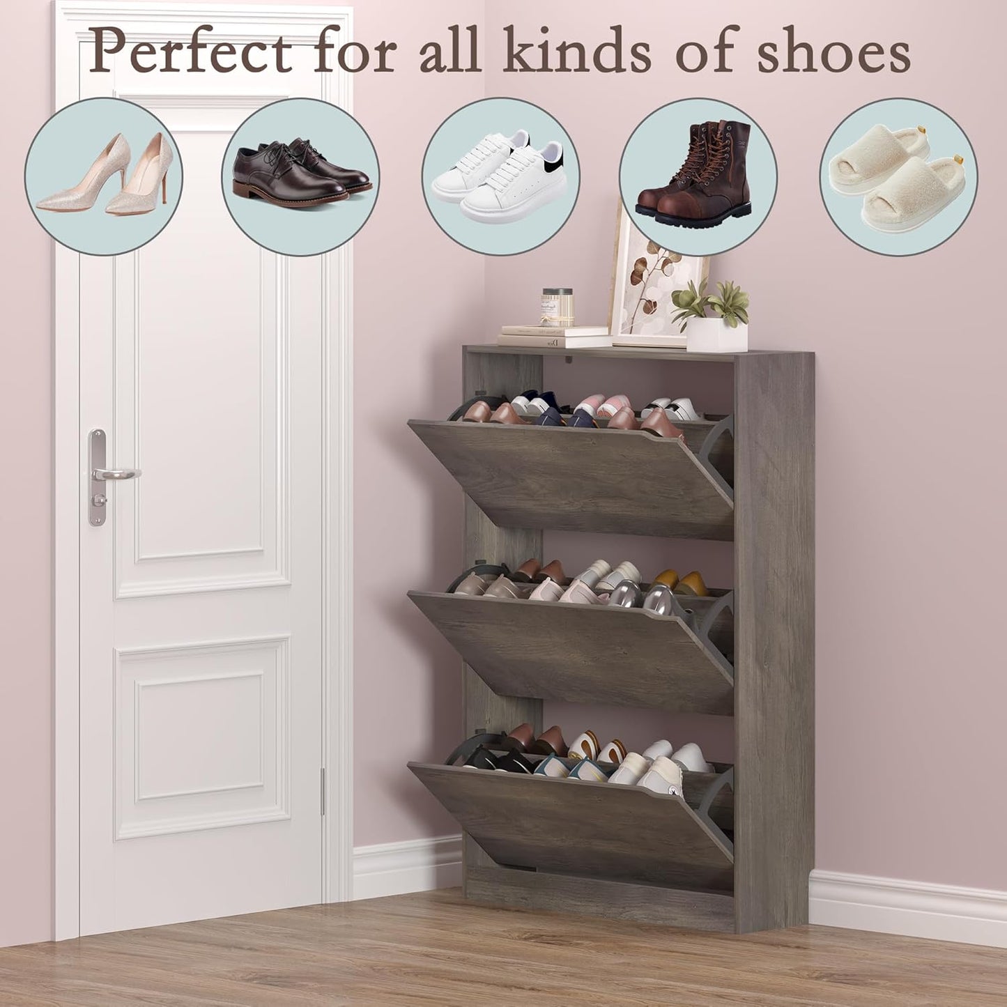 Shoe Cabinet with 3 Flip Drawers, Hidden Wood Shoe Cabinet,Freestanding Shoe Storage Cabinet for