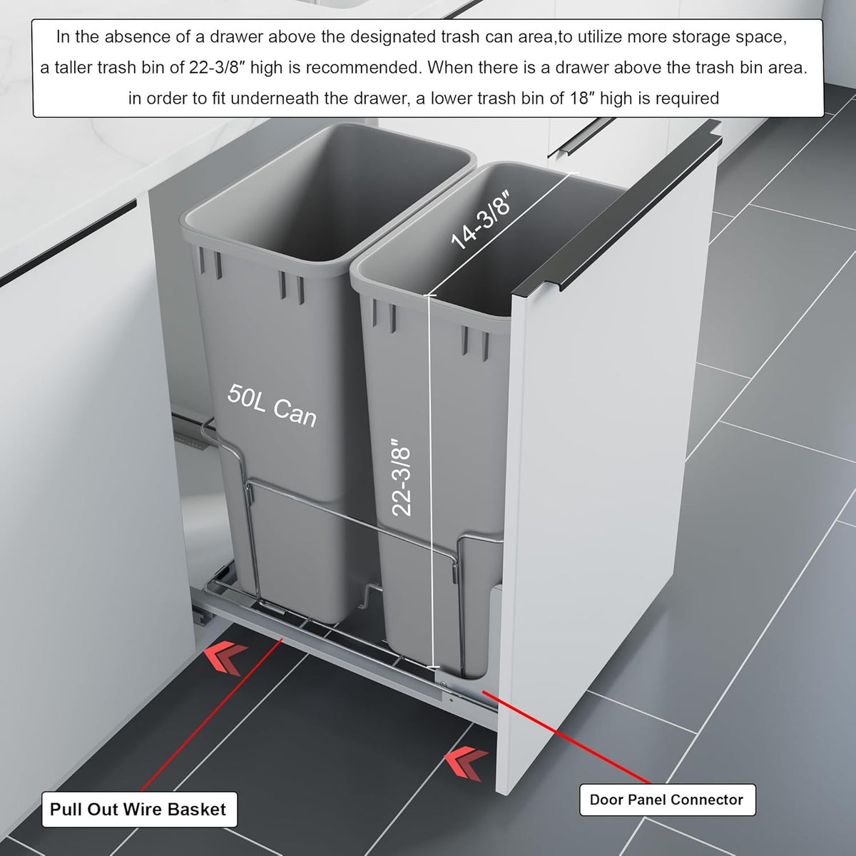 Dowell B18 Aluminum Base Wastebasket Pullout with Door Mount and Two 50Qt/13Gal Plastic Bins (4012