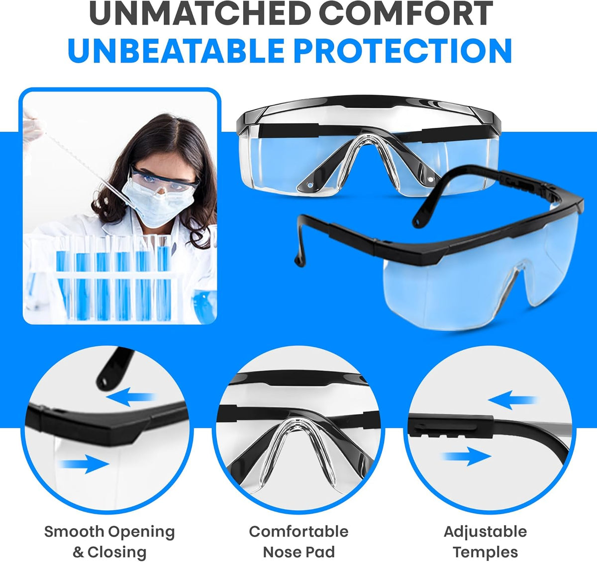 Safety Glasses, Full Coverage Lens, Built-in Brow Guard, UV Resistant, Anti-Fog, Anti-Scratches