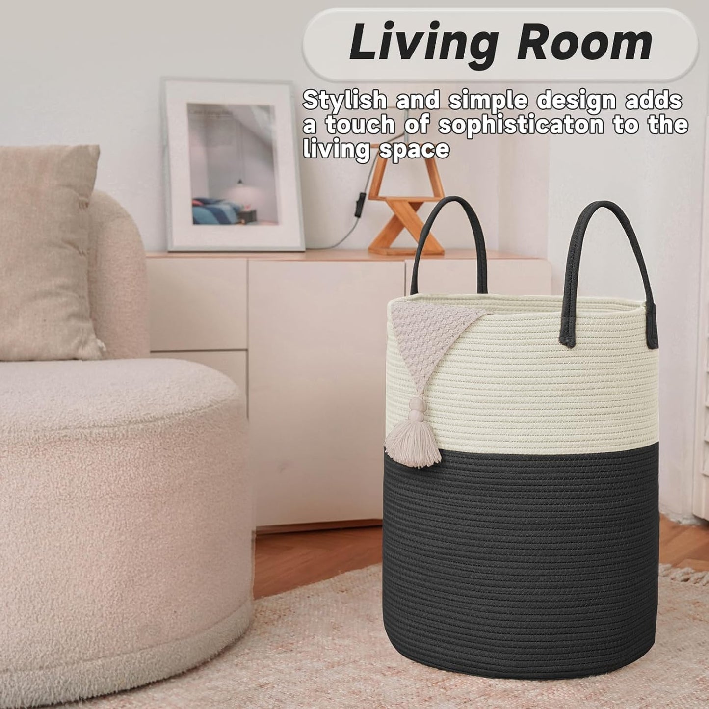 Large Woven Laundry Basket Hamper,100L Cotton Rope Storage Bin for Blankets,Toys and