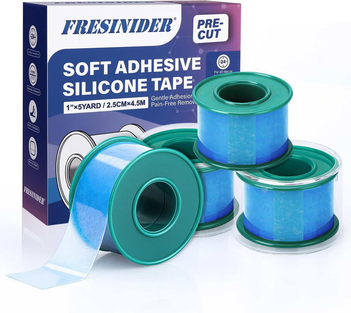 FRESINIDER Silicone Medical Tape – 1" x 5 Yard Blue 4 Rolls, Pre-Cut, Waterproof & Repositionable