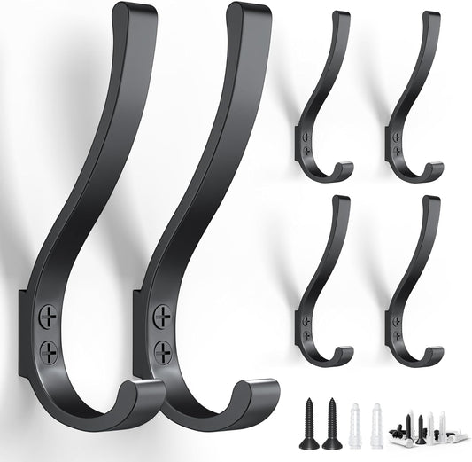 6-Pack Heavy Duty Coat Hooks for Wall Mount - Durable Wall-Mounted Hooks for Hanging Coats