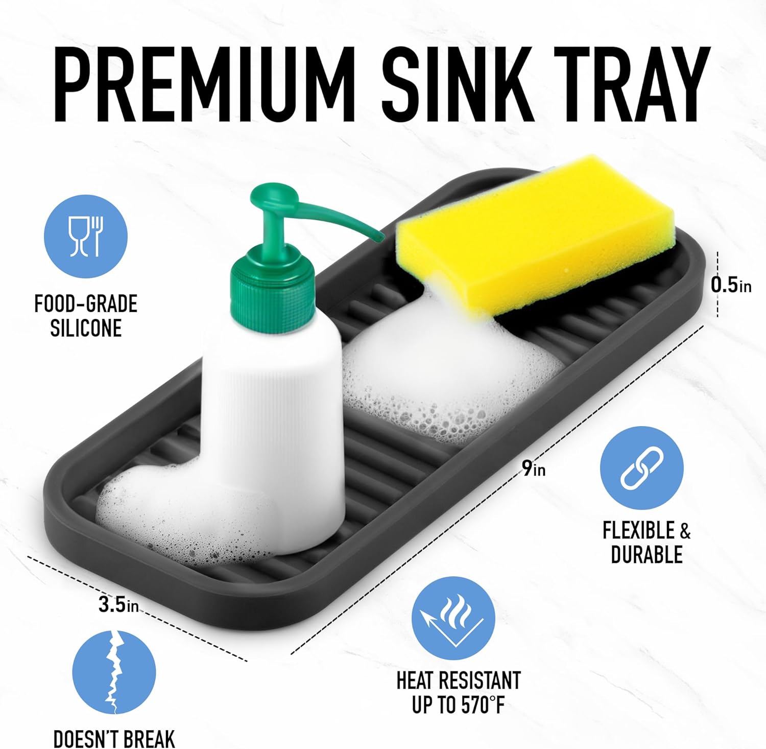 Zulay Kitchen (9x3.5) Silicone Sponge Holder for Kitchen Sink - Flexible Multipurpose Soap Tray