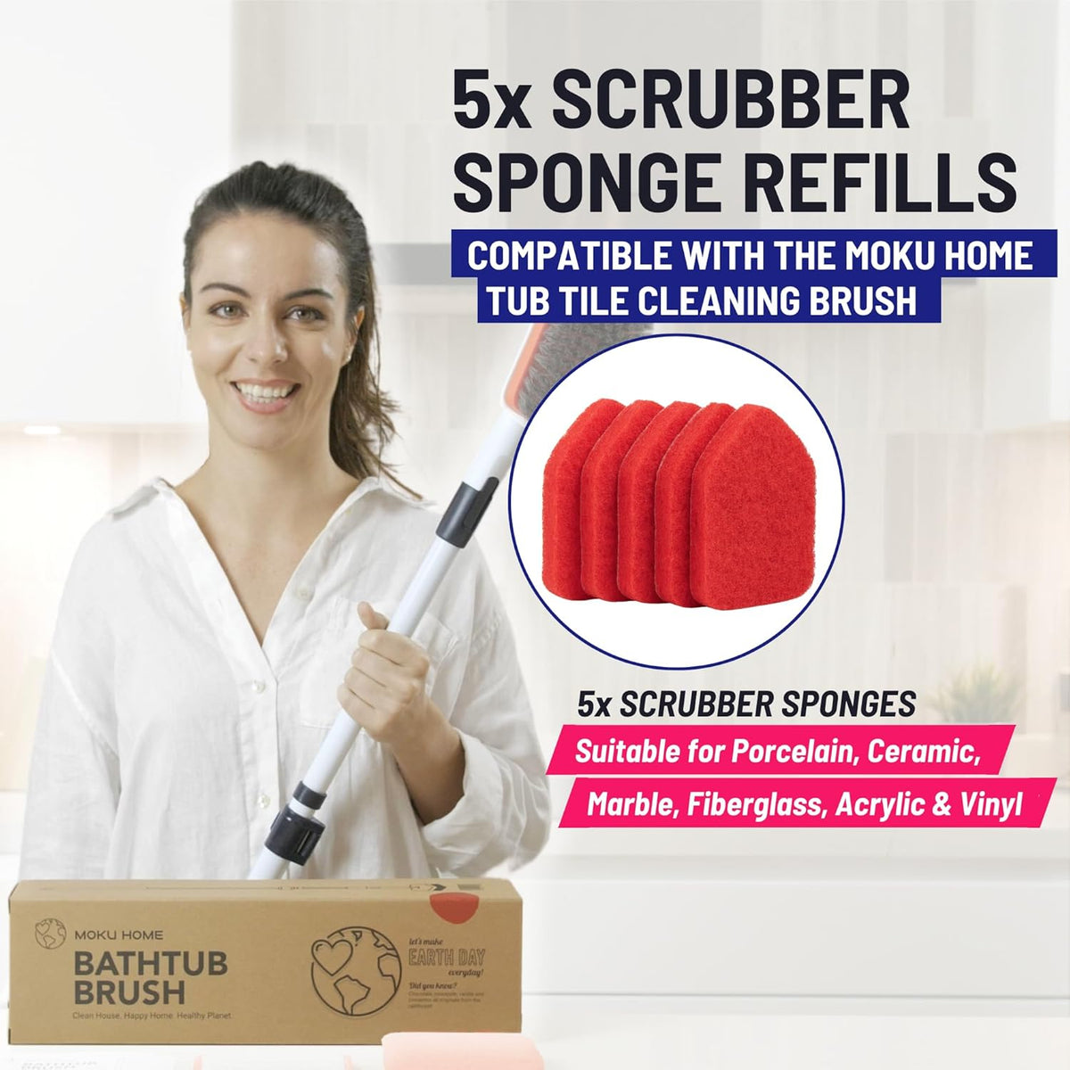 Replacement Scrubber Refill for Moku Home Extendable Tub Tile Shower Brush for Cleaning Non-Scratch