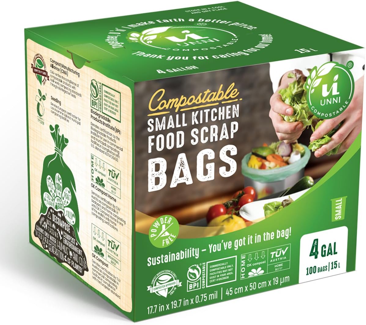 UNNI Compostable Trash Bags, 4 Gallon / 15 Liter, 200 Count, Extra Thick 0.75 mil Small Kitchen