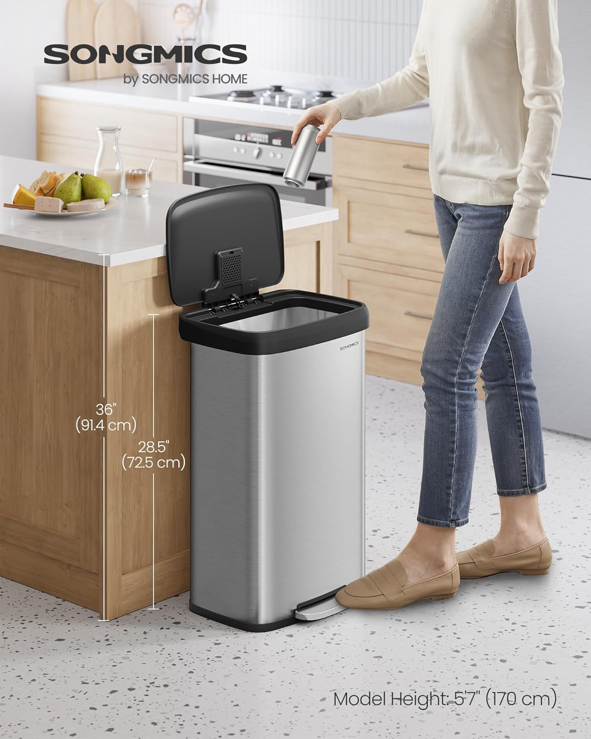 SONGMICS Kitchen Trash Can, 21 Gallon (80 L) Stainless Steel Garbage Can, with Stay-Open Lid and