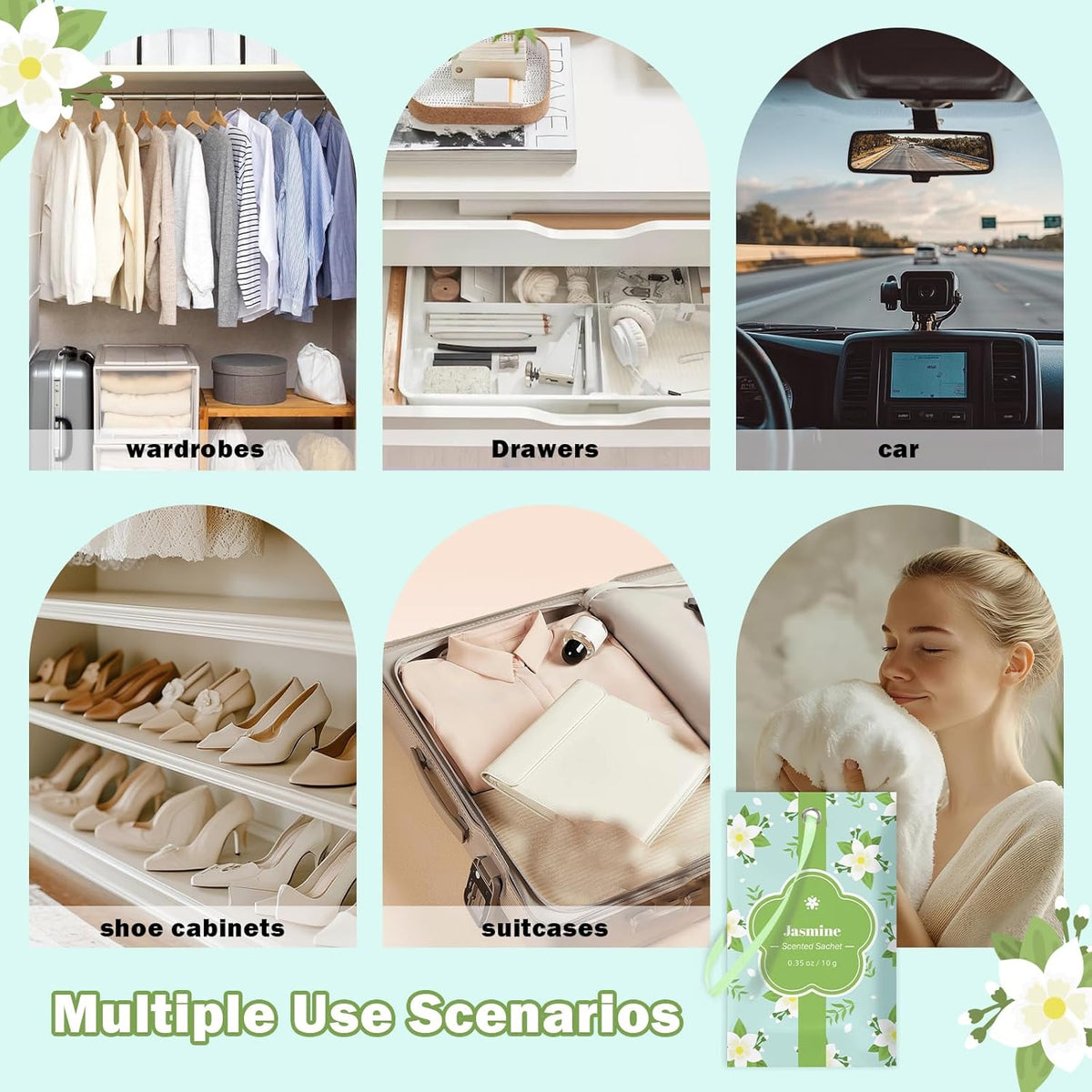 SCENTORINI Scented Sachets for Drawers and Closets, Jasmine Scent 14 Pack, Long-Lasting Sachets