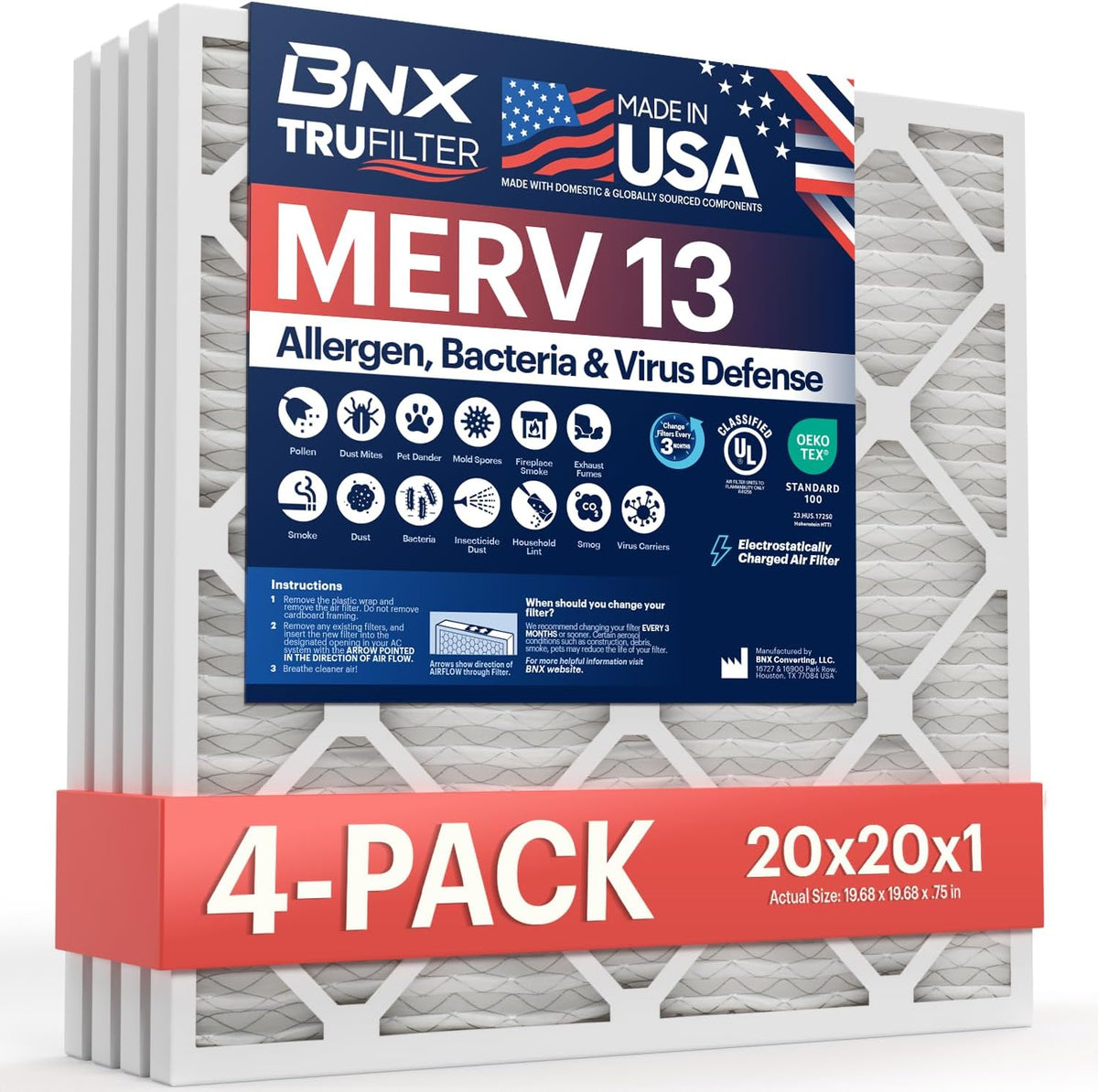 BNX TruFilter 20x20x1 MERV 13 (4-Pack) AC Furnace Air Filter - MADE IN USA - Electrostatic Pleated