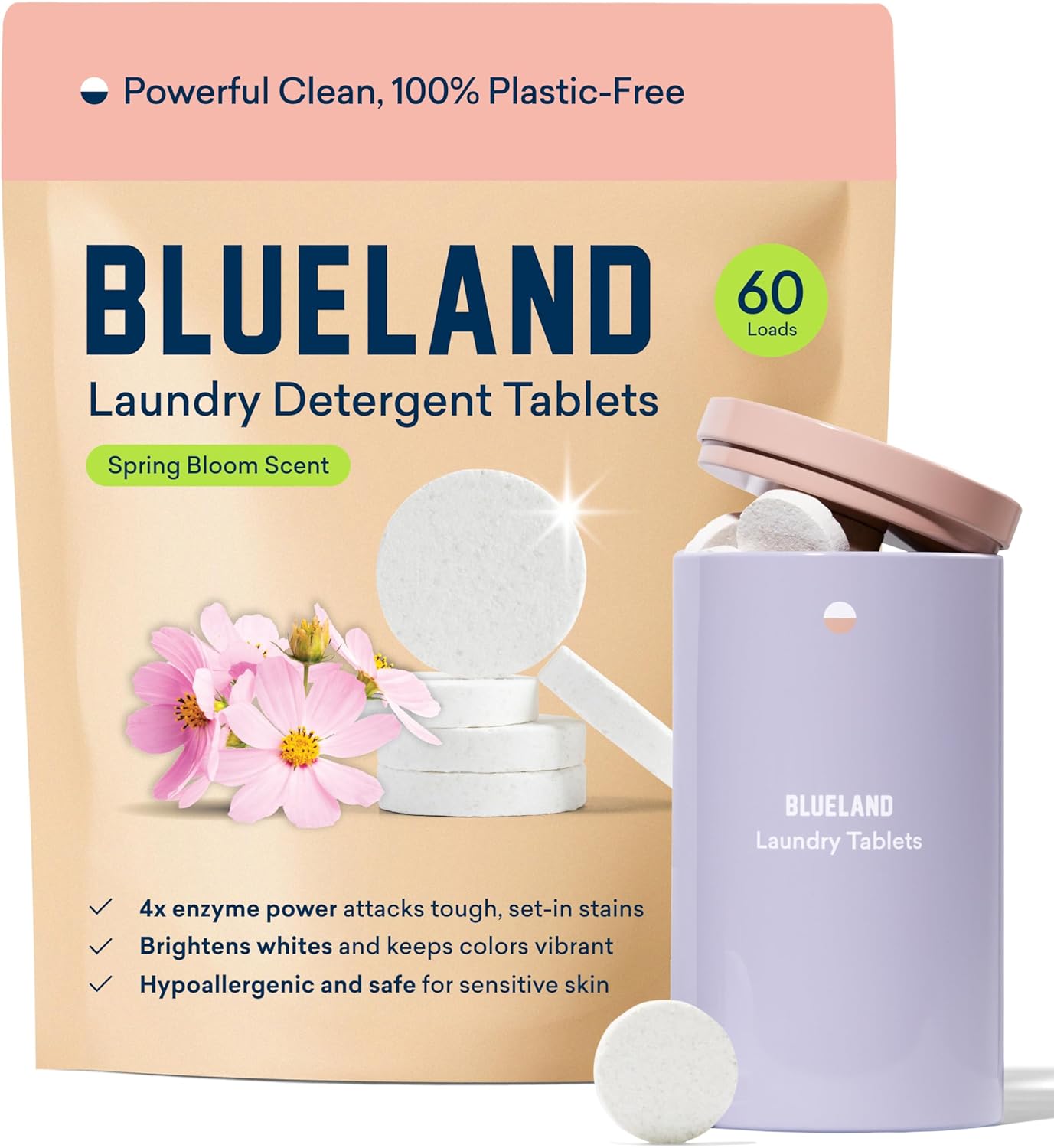 BLUELAND Laundry Detergent Tablets, Starter Set, Spring Bloom Scent, 60 Count with Tin