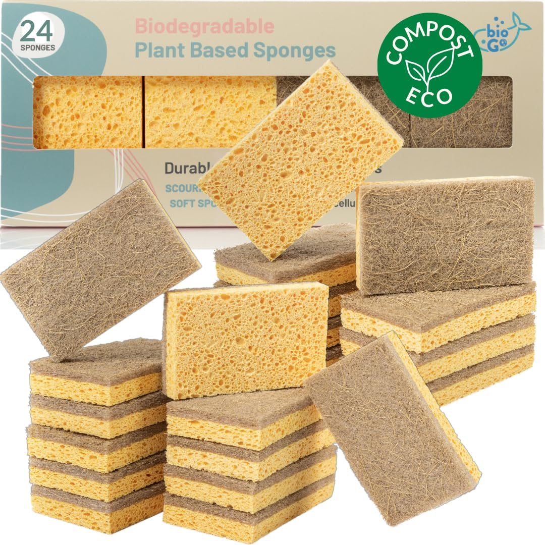 bioGo 24 Pack Biodegradable Kitchen Sponges - Eco-Friendly, Compostable, Natural Cellulose Dish