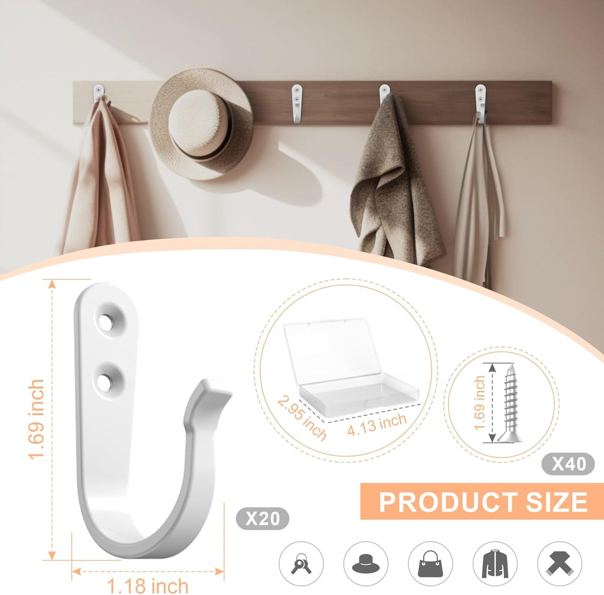 Hook for Hanging - 20PCS Hook for Hanging, Wall Hooks for Coats, Heavy Duty Single Prong Wall Hooks