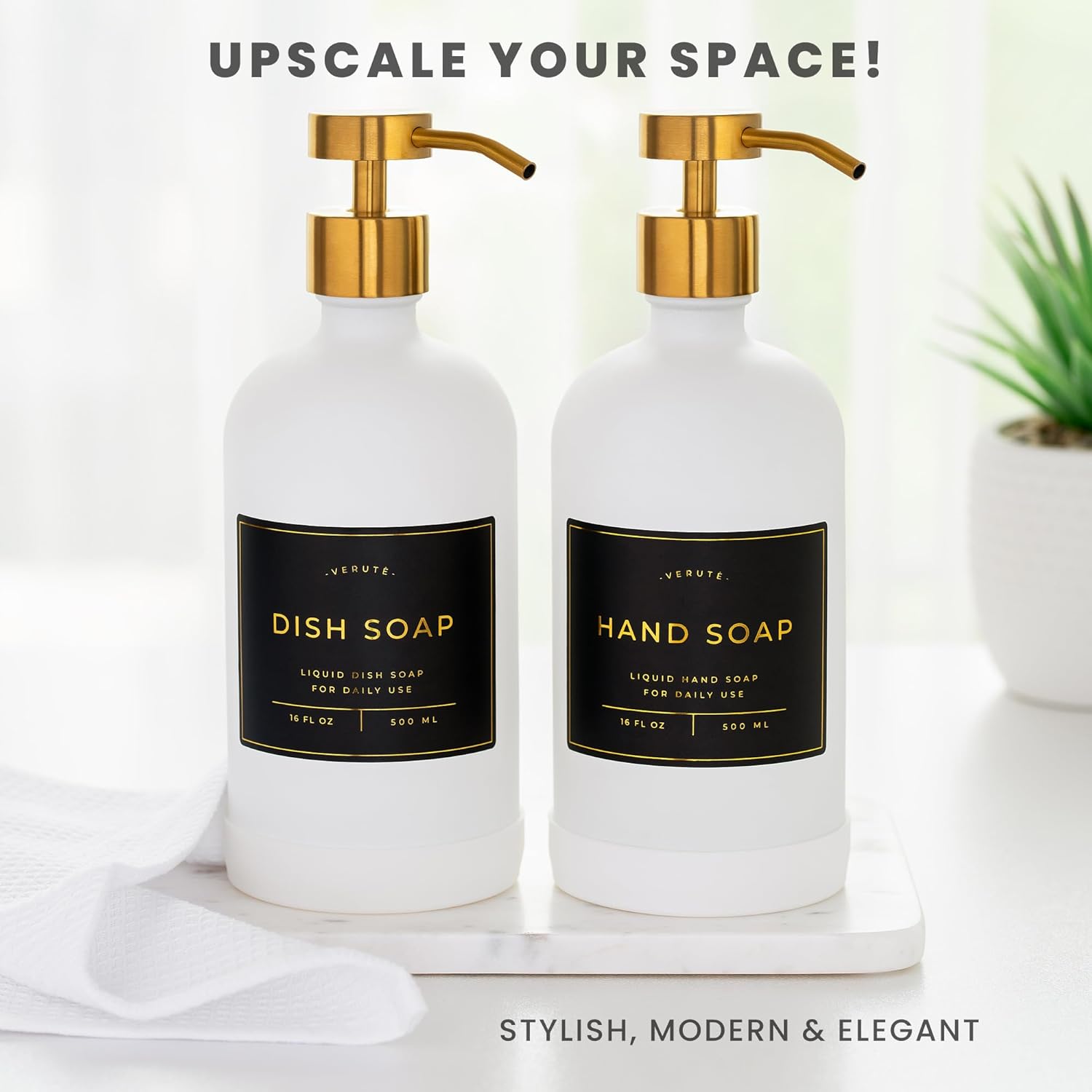 16oz Glass Soap Dispenser with Stainless Steel Pump, 21 Waterproof Labels, Non-Slip Protective