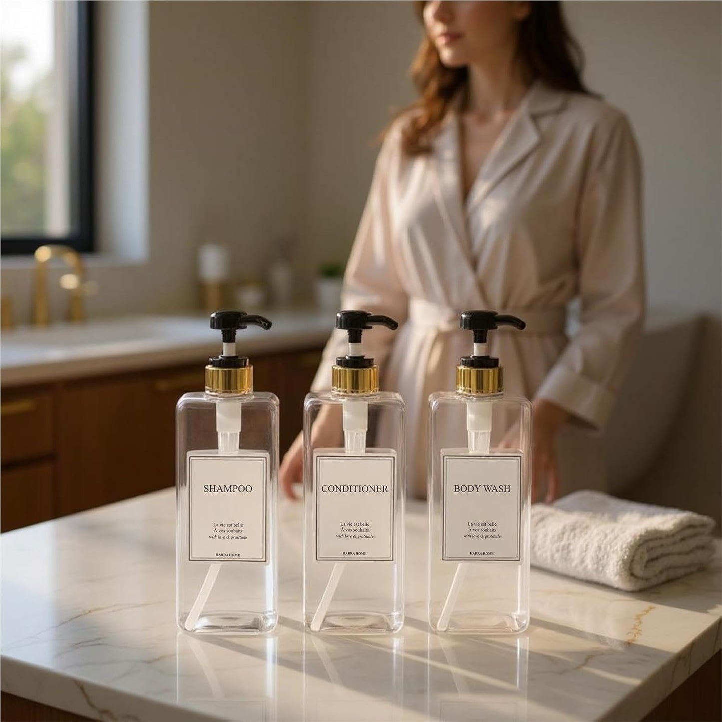 Modern Gold Design Large 27 oz Shampoo and Conditioner Dispensers - Empty Plastic Refillable Pump