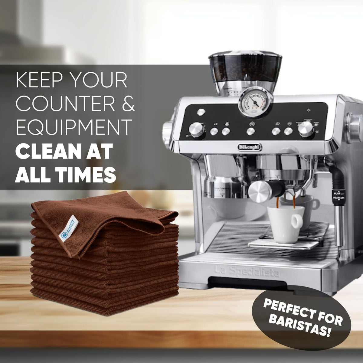 MW Pro Microfiber Cleaning Cloth | Brown | 12 Pack | 16” x 16” | Coffee, Barista, Espresso Towels