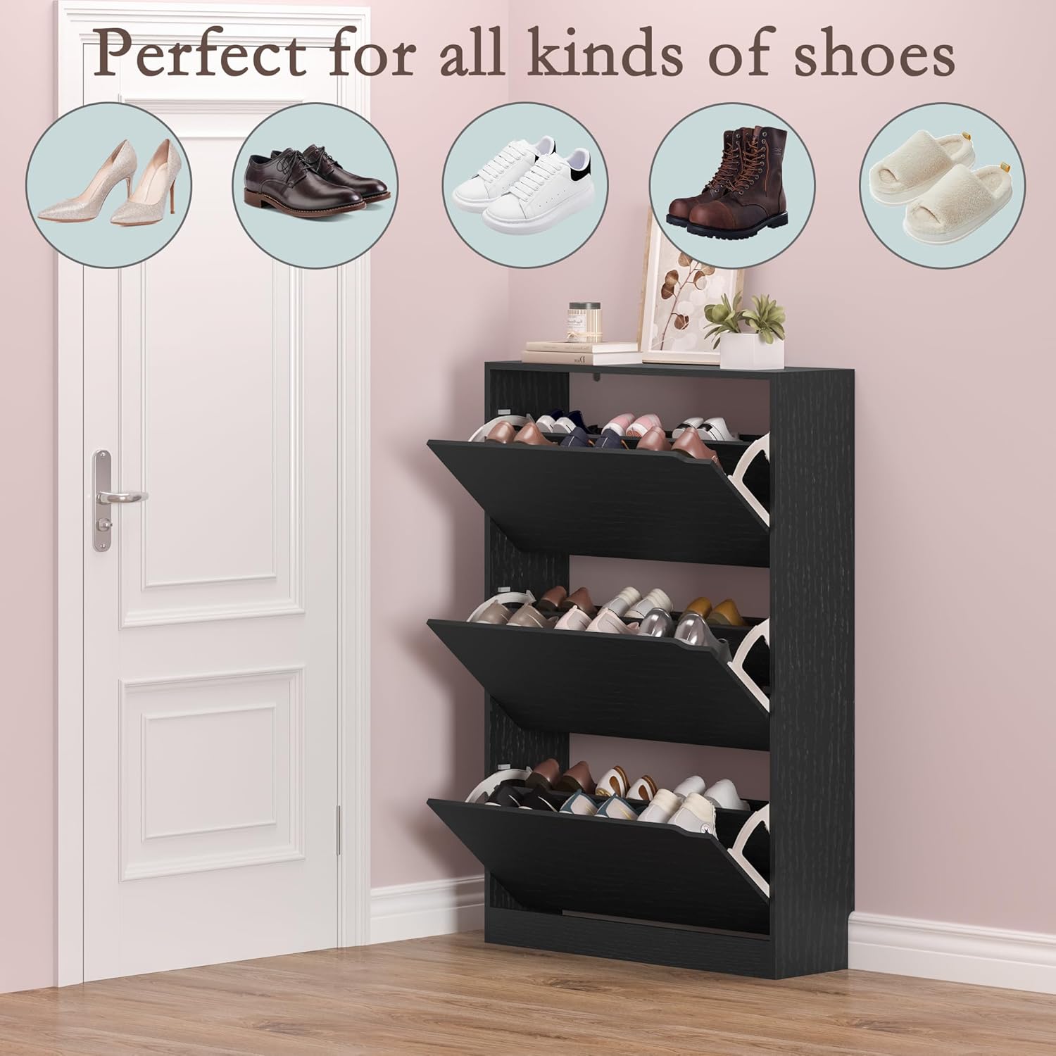 Shoe Storage Cabinet with 3 Flip Drawers,Narrow Shoe Rack Cabinet,Freestanding Organizer Storage