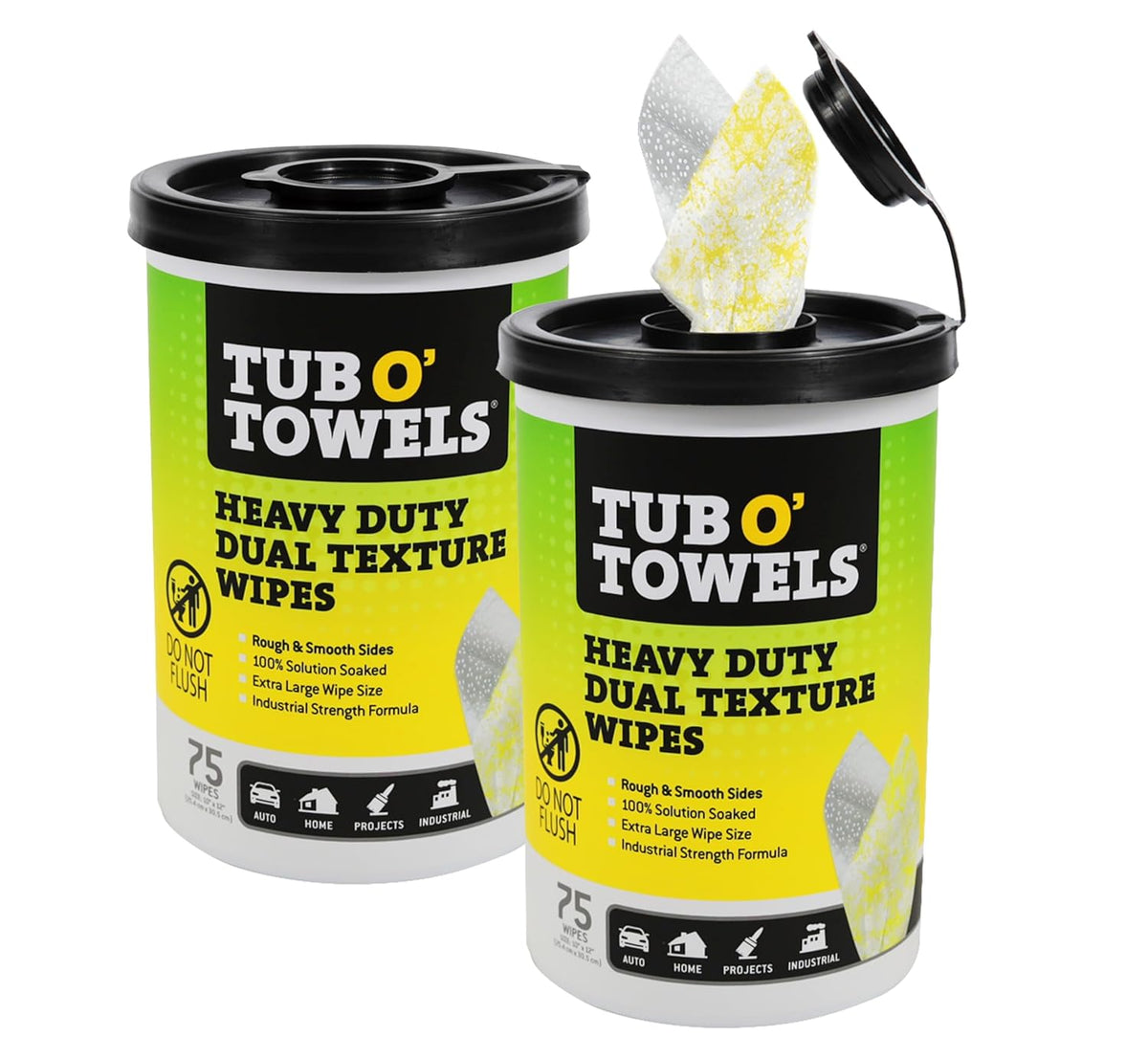 Tub O’ Towels TW75 Heavy-Duty 10" x 12" Size Multi-Surface Cleaning Wipes, Dual Texture, 75 Count