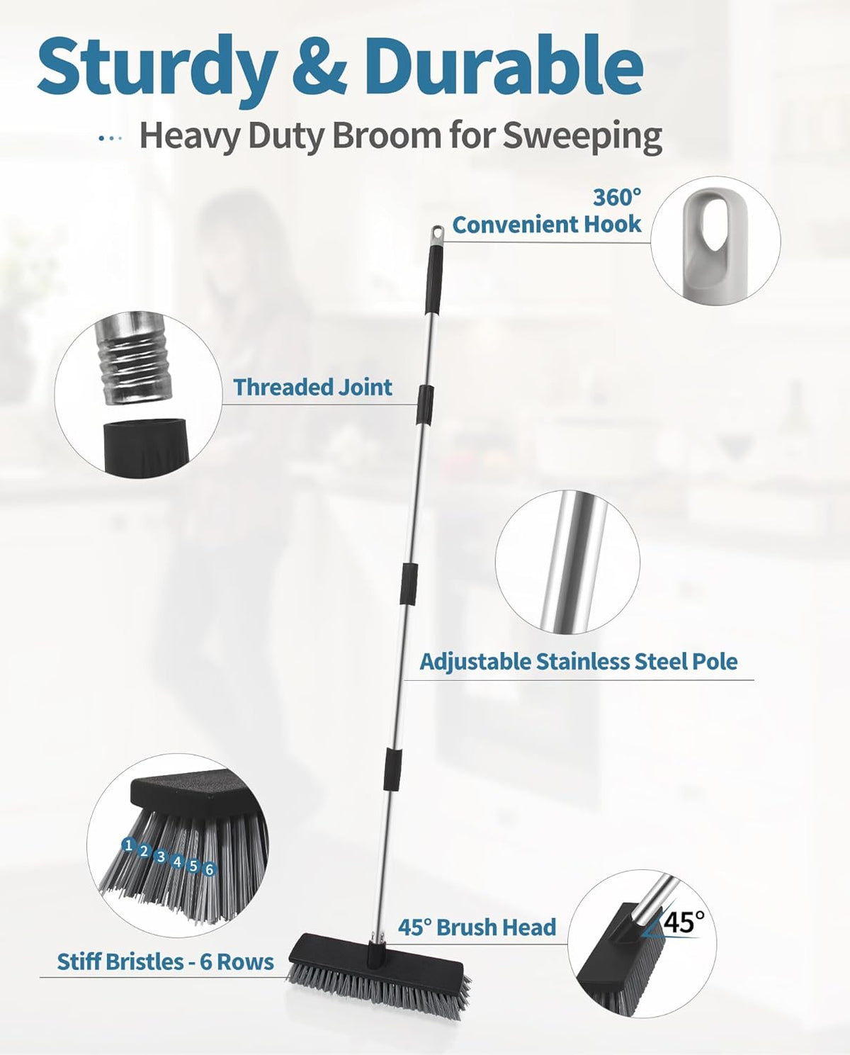 LandHope Hard Bristle Deck Broom Adjustable Long Handle Scrub Brush Heavy Duty Concrete Push Broom