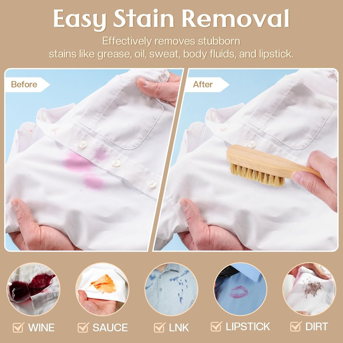 3 Pcs Wood Laundry Stain Brush Stain Remover Brushes with Boar Bristle Small Stain Brush for