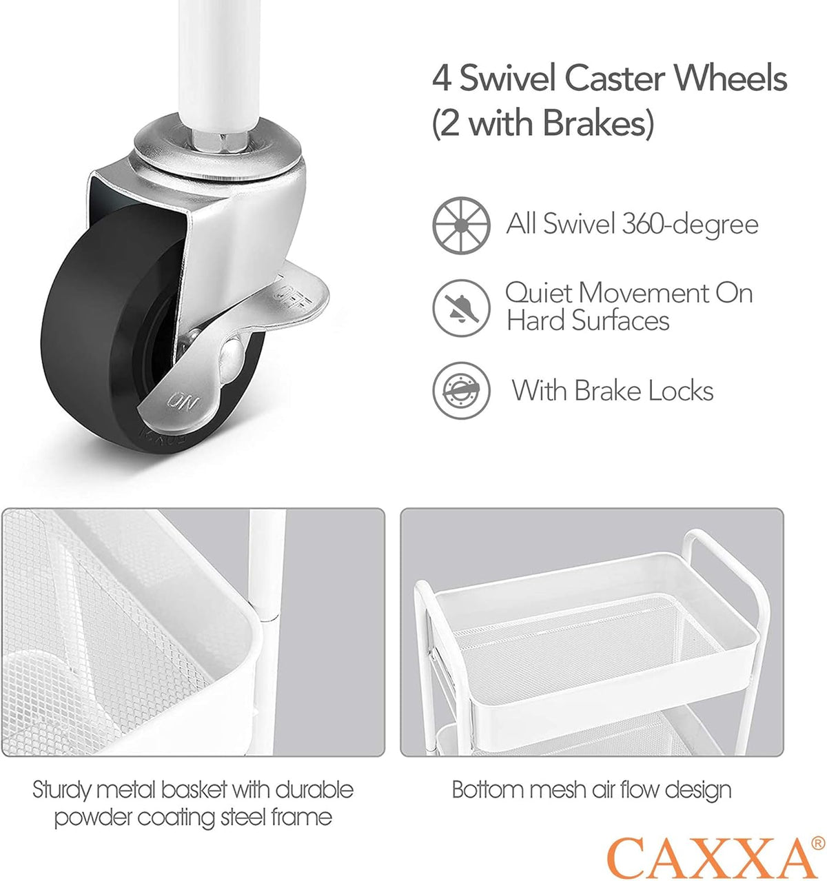 CAXXA 3-Tier Rolling Metal Storage Organizer - Mobile Utility Cart Kitchen Cart with Caster Wheels