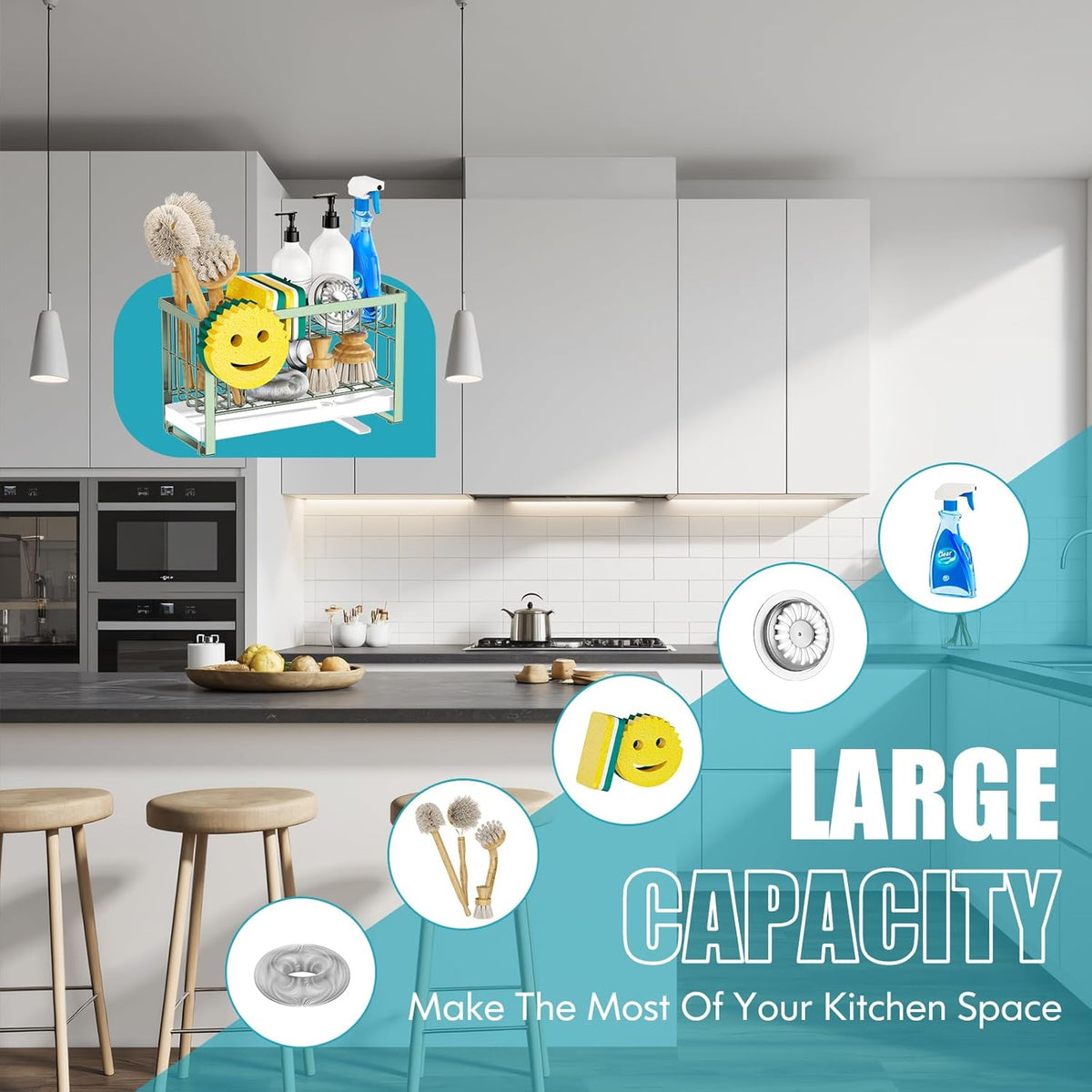 Sponge Holder for Kitchen Sink with Flexible Sink Caddy Smiley Face,2 Tier Kitchen Sponge Holder